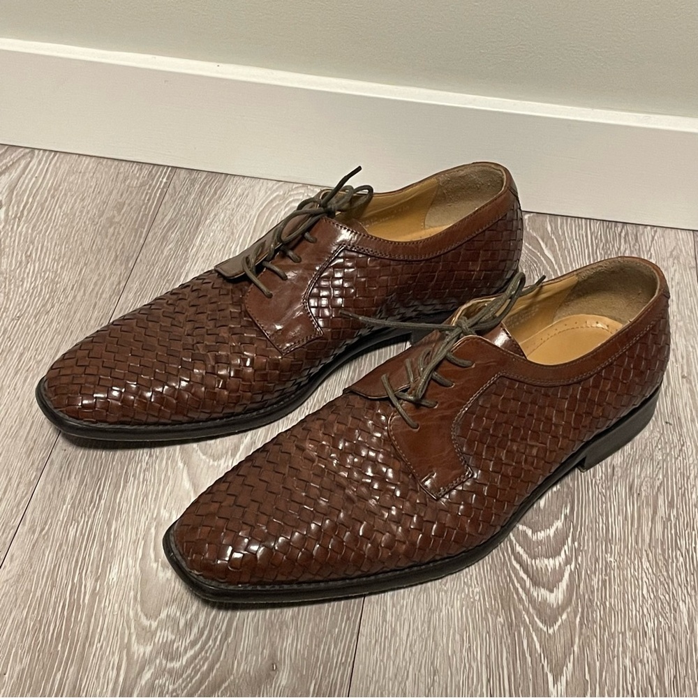 Paul Fredrick Italian Woven Leather Dress Shoes Mens Derby Brown Size 11